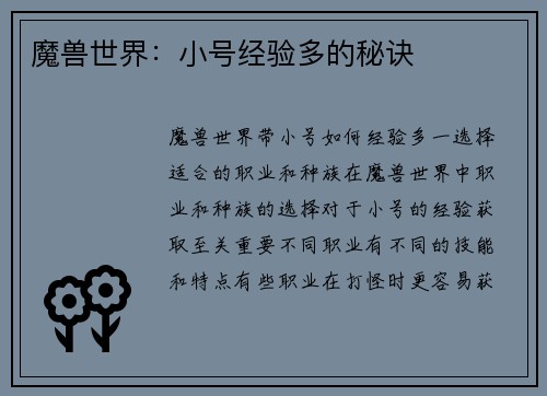 魔兽世界：小号经验多的秘诀